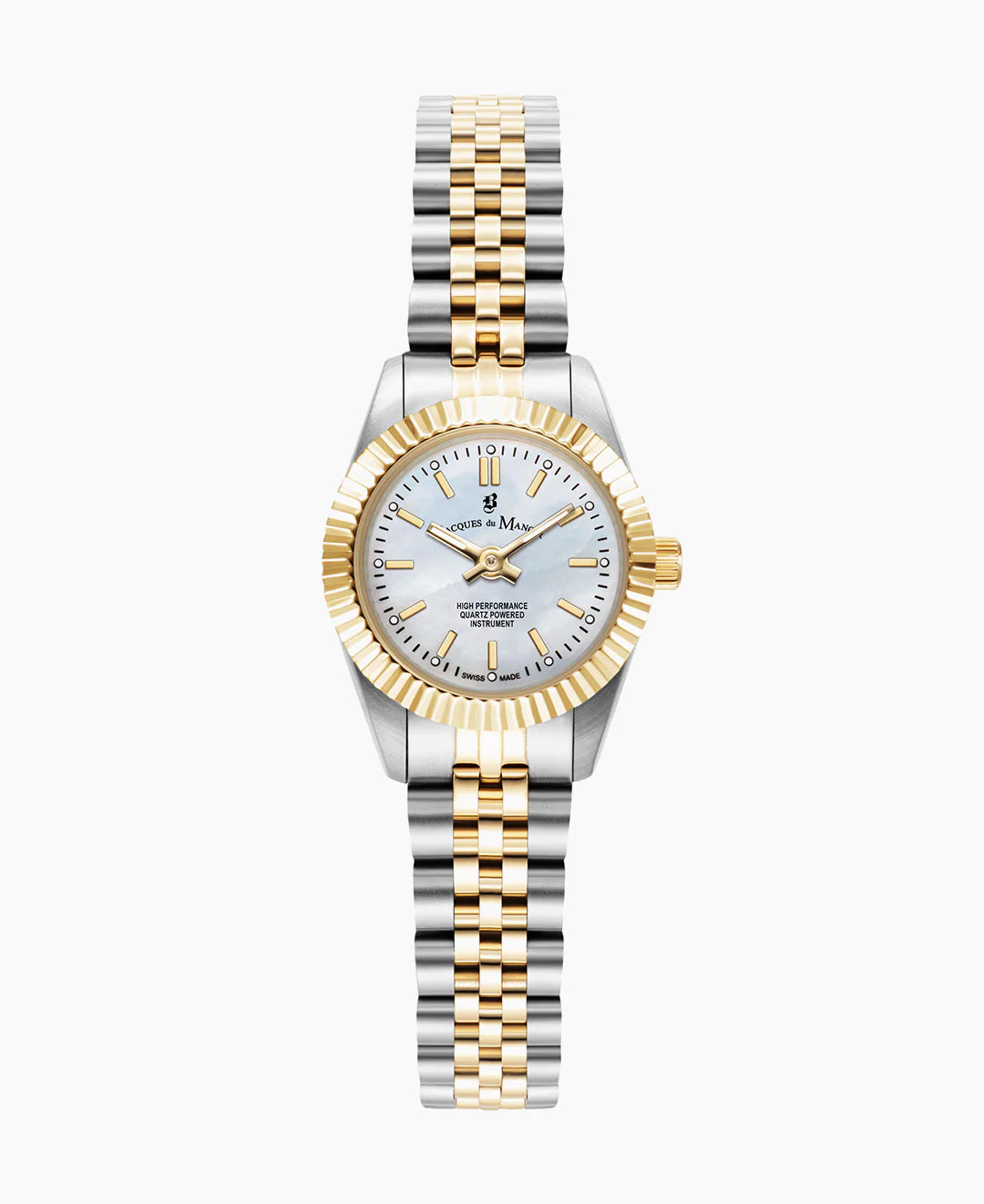 Mini horloge met een zilveren en gouden band, witte wijzerplaat en een geribbelde bezel.