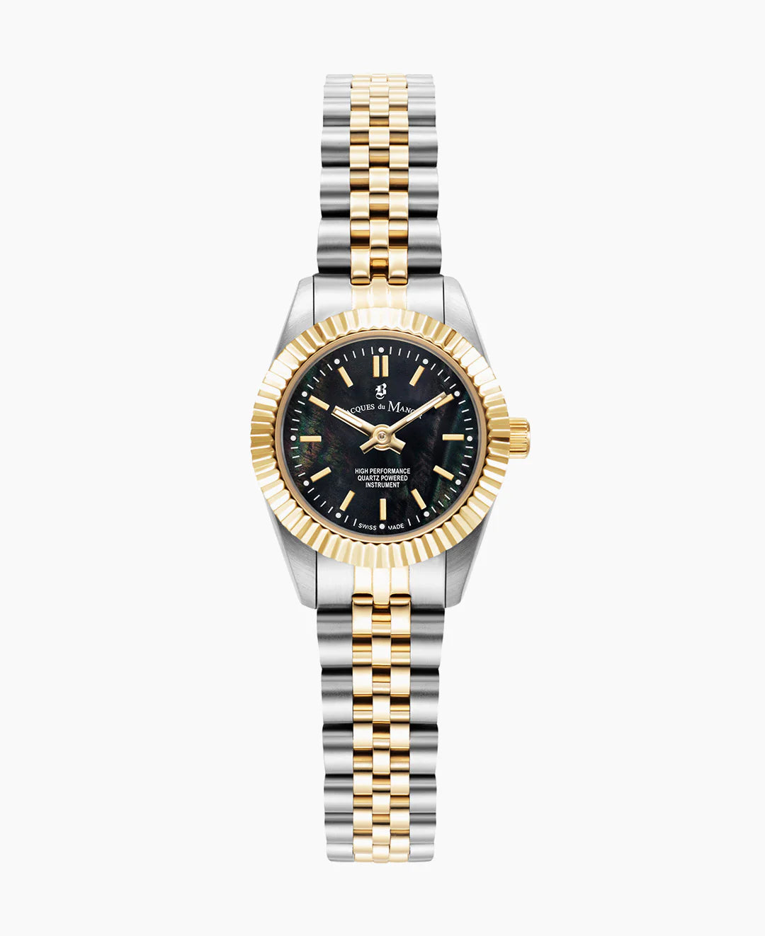 Mini horloge met zwarte wijzerplaat, goudkleurige lunette en een zilver-gouden schakelband.