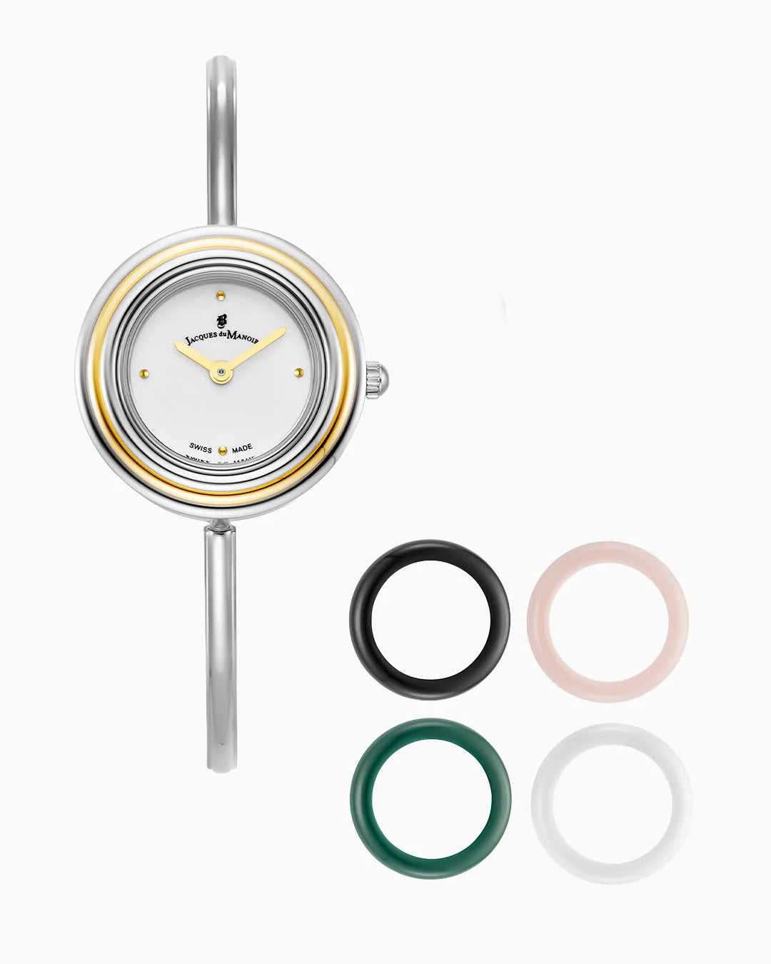 Zilveren horloge met witte wijzerplaat, twee wijzers en verwisselbare banden in zwart, groen, roze en wit.