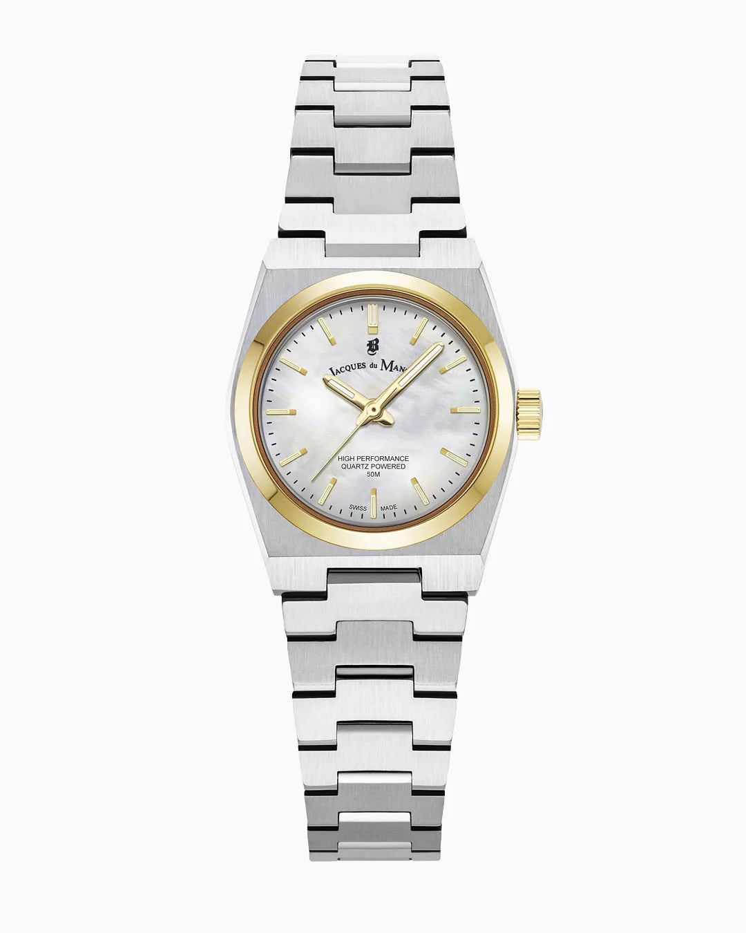 Zilveren horloge met gouden rand en witte wijzerplaat, voorzien van een metalen schakelband.