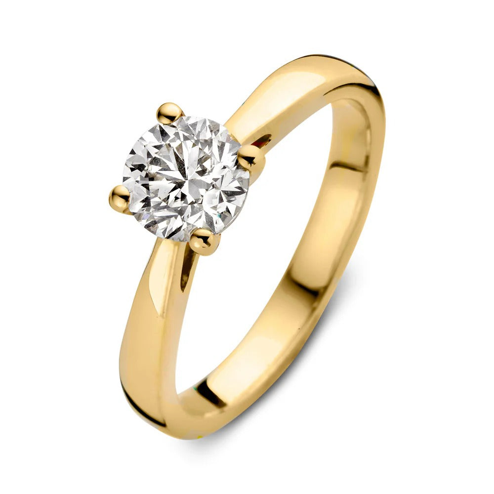 Ring van geelgoud met een ronde diamant van 1,00 crt, eenvoudige en strakke vorm.