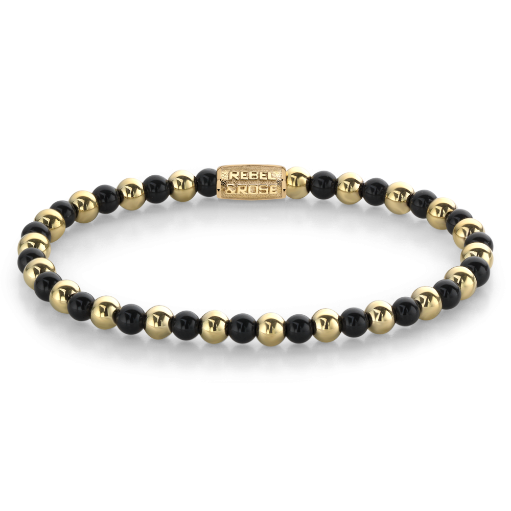 Kralenarmband voor dames van 18 ct geelgoud ionplated met zwarte en gouden kralen van 4 mm.
