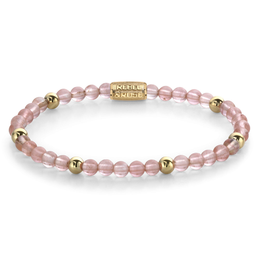 Kralenarmband voor dames met roze glazen kralen en gouden metalen accentkralen.