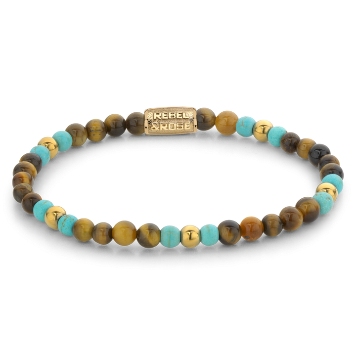 Mix Tiger Turquoise - 18 ct yellow gold ionplated - 4mm - Kralen Armband Dames