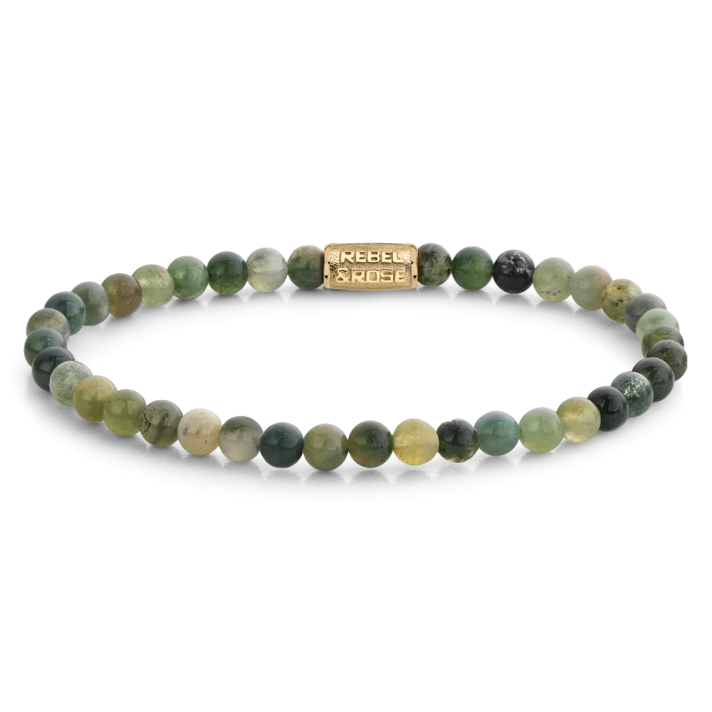 Kralenarmband voor dames met groene en gele stenen, afgewerkt met een gouden sluiting.