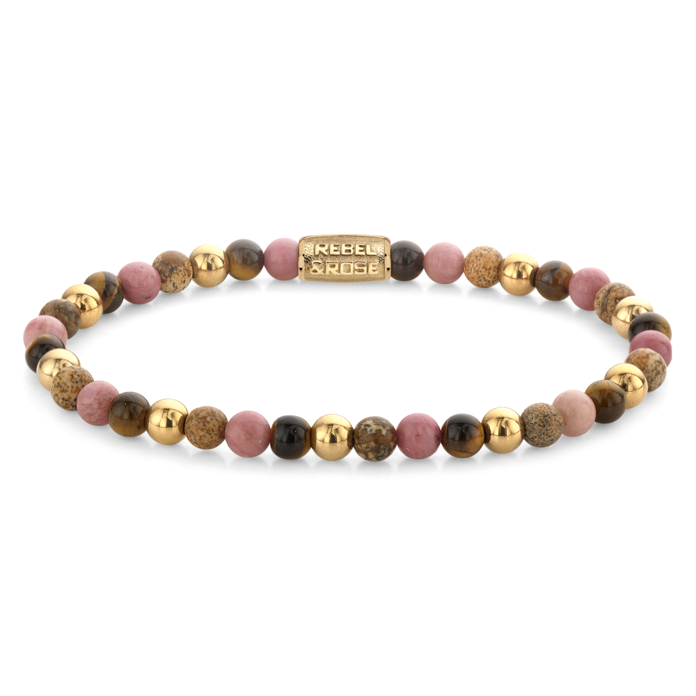 Kralenarmband voor dames met 18 ct geelgouden ionplating, versierd met roze en zwarte kralen.