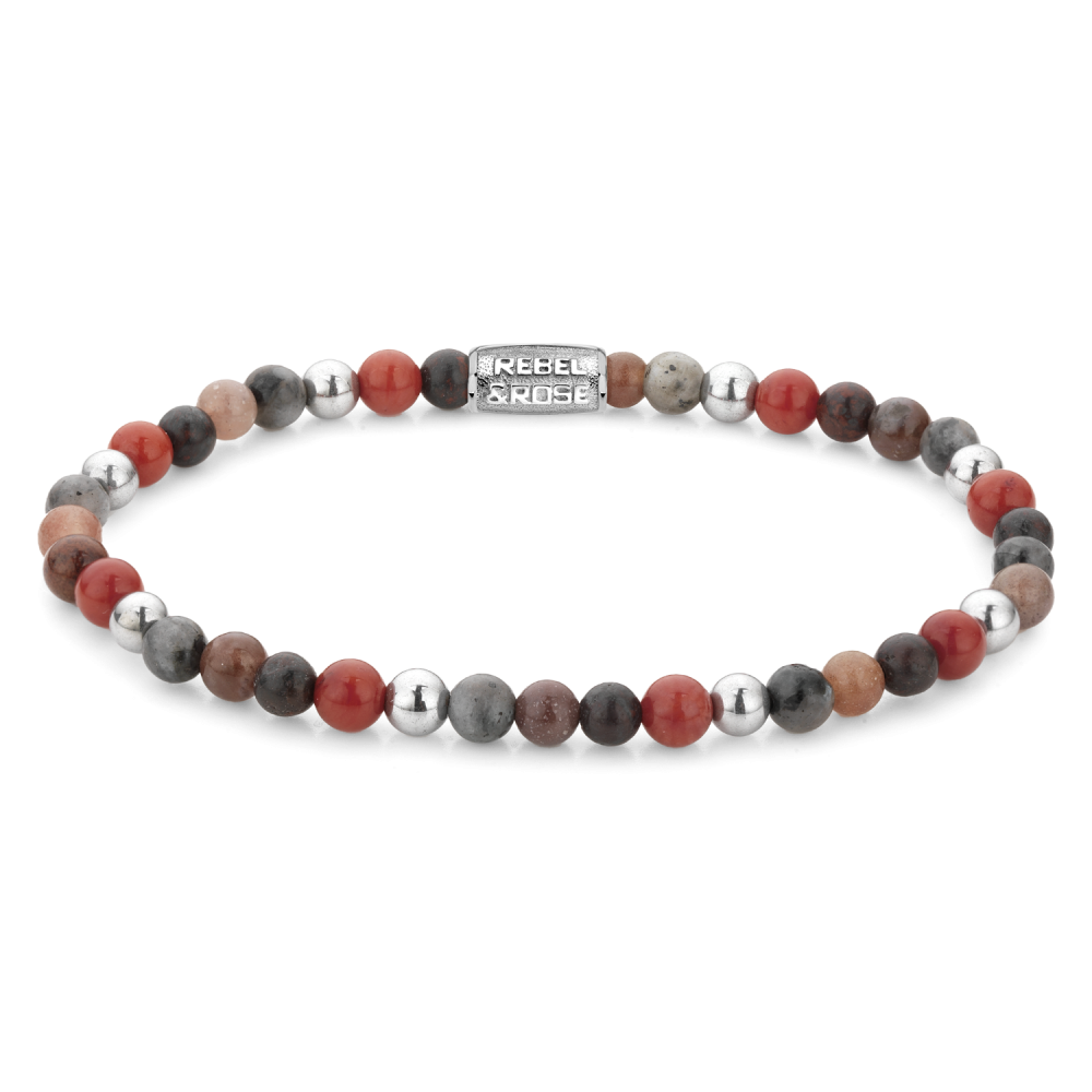 Kralenarmband voor dames met 4mm gekleurde stenen in warme tinten, afgewisseld met zilveren elementen.