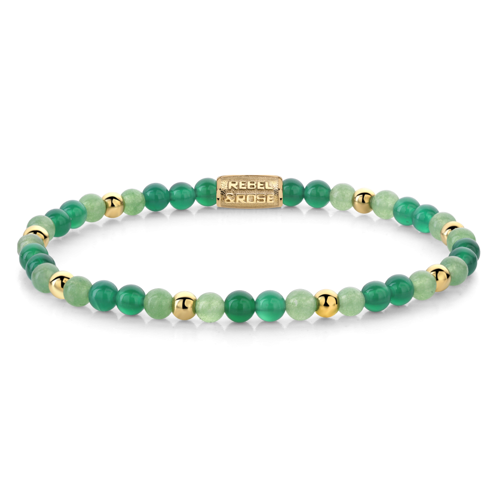 Kralenarmband voor dames met groene en lichtgroene stenen, afgewisseld met gouden kralen.