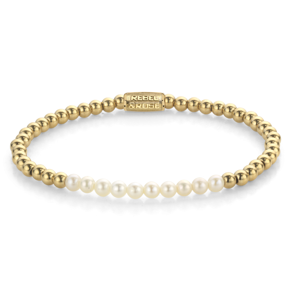 Kralenarmband voor dames met gele gouden bolletjes en witte parels, 4 mm dik.