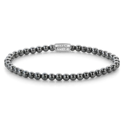 Grijze zilveren kralenarmband van 4 mm met glanzende afwerking en metalen sluiting.