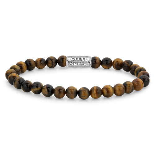 Kralenarmband van 6 mm met tijgeroogstenen in bruin en zwart, afgewerkt met een zilveren sluiting.