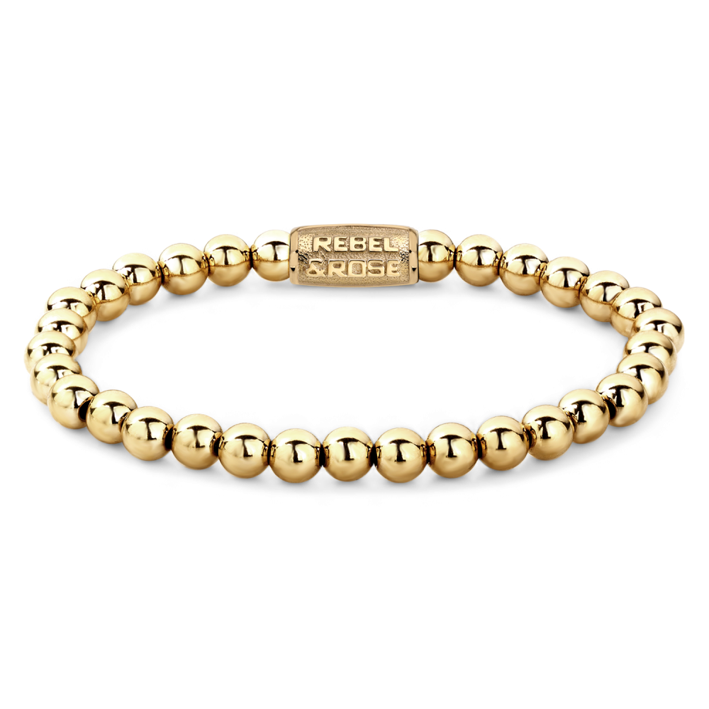 De Rebel & Rose Yellow Gold Only - 6mm Kralen Dames Armband is een luxe, gouden kralenarmband met een gestroomlijnd label en stralend 18kt ion-goud plating - ideaal voor liefhebbers van geelgouden armbanden.