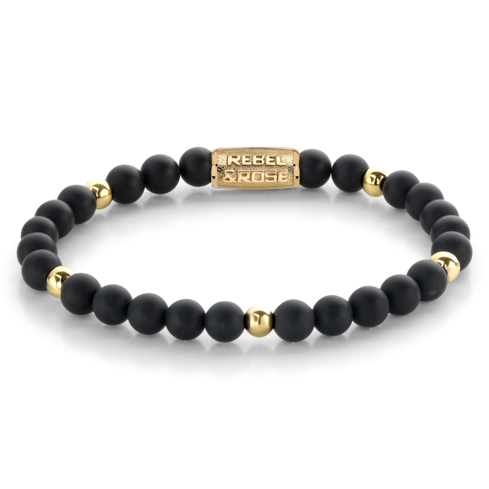 Zwarte kralenarmband van 6 mm met matte afwerking en gouden details, gemaakt van 18 ct geelgoud ionplated.
