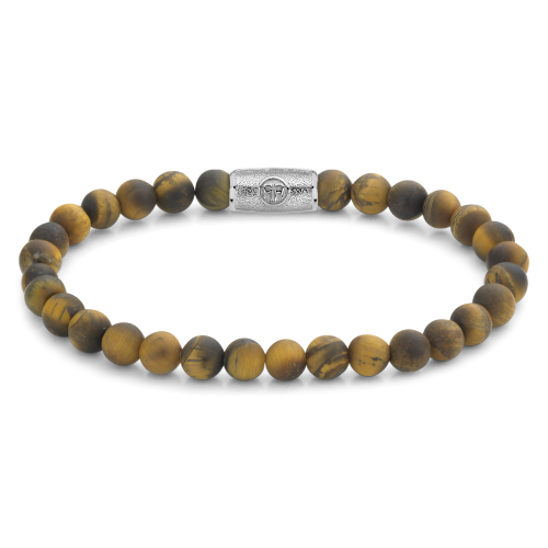 Heren kralenarmband van 6mm met gemêleerde gele en zwarte tijgeroogstenen en een zilveren sluiting.