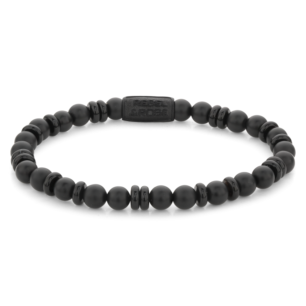 Zwarte heren kralenarmband van 6 mm met afwisselende matte en glanzende kralen.