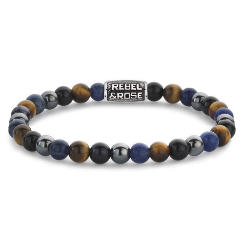Blauwe kralen herenarmband van 6 mm met een metalen sluiting en een mix van blauwe en zwarte stenen.