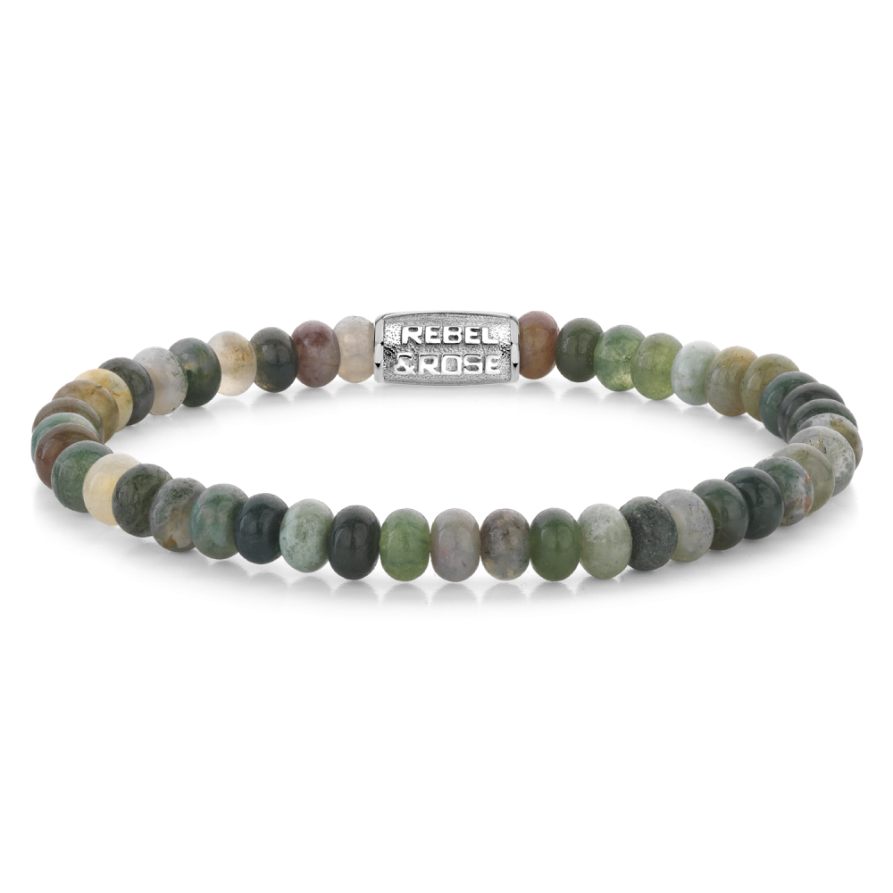 Kralenarmband voor heren met ronde, 6 mm grote, groenachtige en aardetinten stenen.
