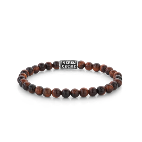 Heren kralen armband van 6 mm met tijgeroog en zwarte onyx, afgewerkt met een metalen sluiting.