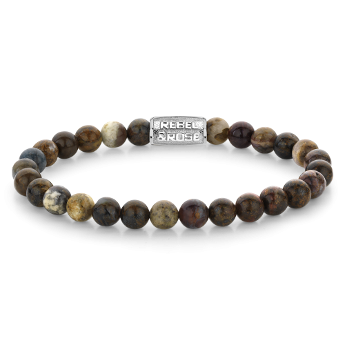 Heren kralenarmband van 6 mm met diverse aardetinten en een metalen sluiting.