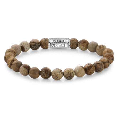 Heren kralenarmband van 8 mm met aardetinten en een zilveren tussenstuk.