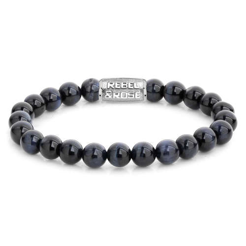 Heren armband van 8mm kralen in donkerblauw met metalen sluiting en logo.