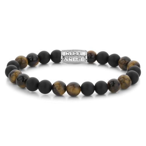 Heren kralenarmband van 8 mm met zwarte matte en tijgeroog kralen, afgewerkt met een zilverkleurig logo.