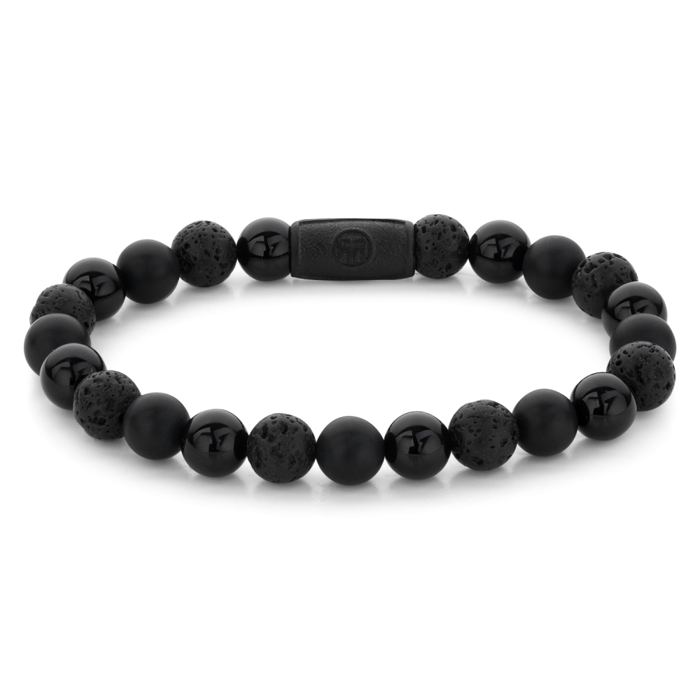 Zwarte kralenarmband van 8 mm met een combinatie van matte en glanzende zwarte stenen.