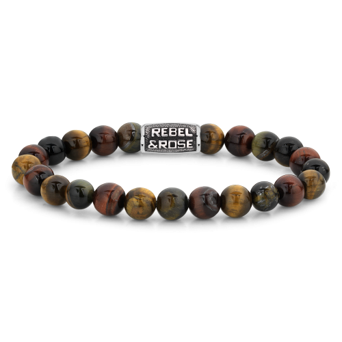 Kralenarmband voor heren van 8 mm met een mix van tijgeroog en zwarte stenen, afgewerkt met een metalen sluiting.