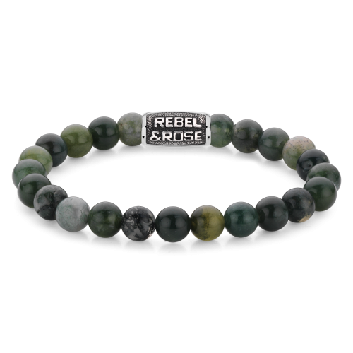 Heren kralenarmband van 8mm met groene en grijze stenen en een zilveren tussenstuk.