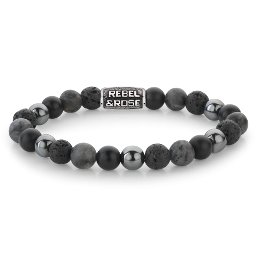 Grijze kralenarmband voor heren van 8 mm met een mix van stenen en een metalen tussenstuk.