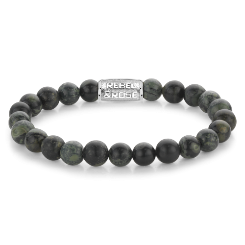 De Green Rocks - 8mm Heren Kralen Armband van Rebel & Rose heeft donker gemarmerde kralen en een zilverkleurig rechthoekig middenstuk, ideaal voor de moderne man die op zoek is naar een stijlvolle armband.