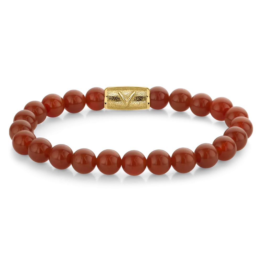 Rode agaat kralenarmband voor heren met een gouden sluiting, 8 mm kralen.