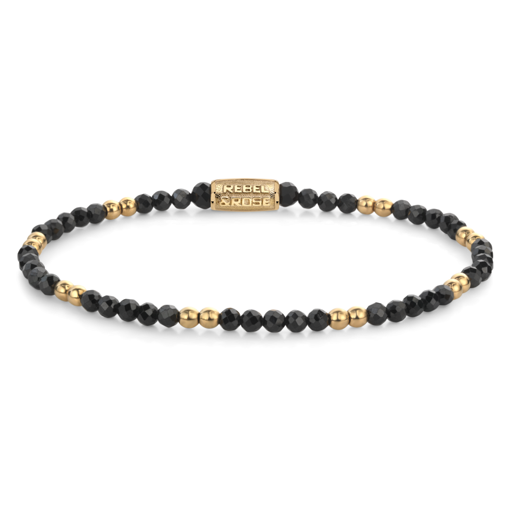 Zwarte kralenarmband met gouden accenten en een sluiting, 3 mm dik.