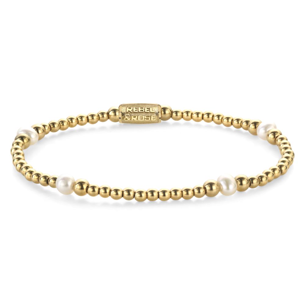 Gouden kralenarmband met 4mm parels en een sluiting.