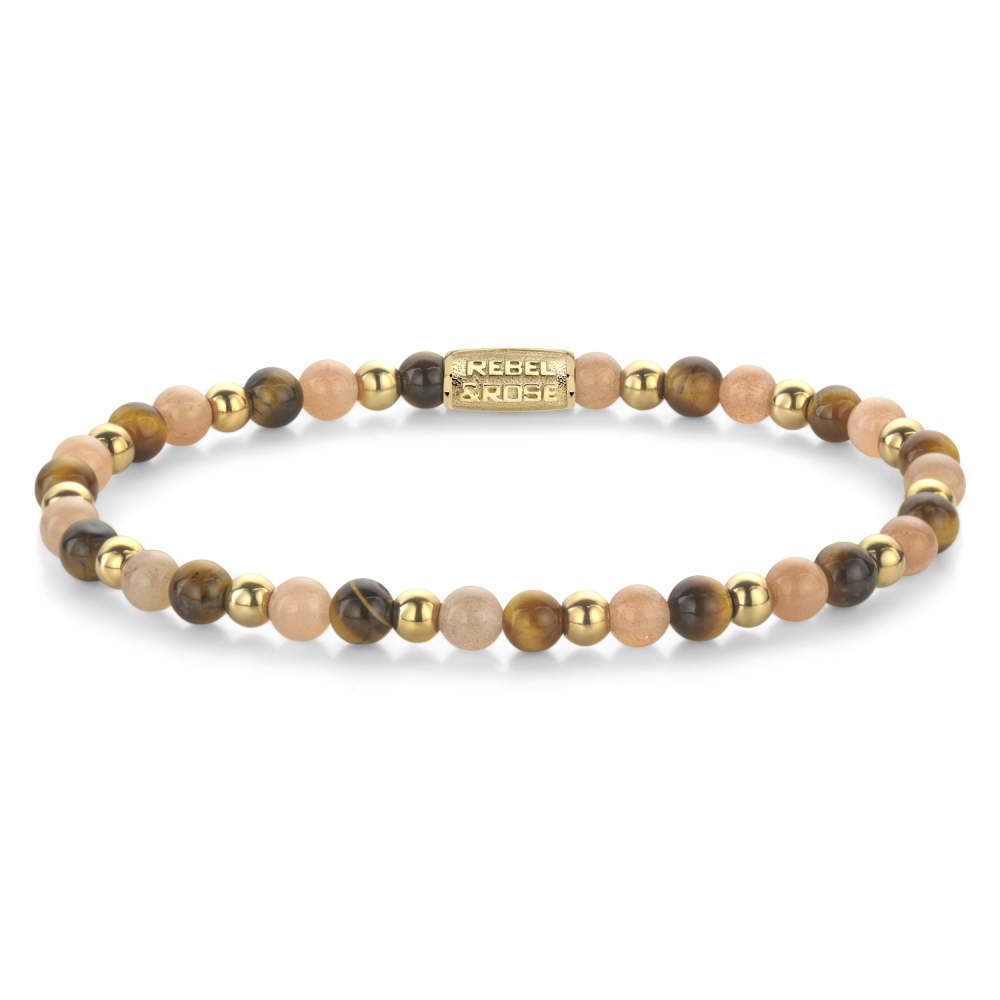 Kralenarmband voor dames met 18 ct geelgouden ionplated details en een mix van natuurlijke steentjes in zachte tinten.