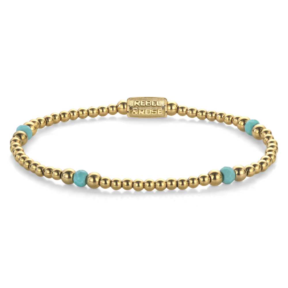 Kralenarmband voor dames met gouden bolletjes en turquoise accenten van 4 mm.