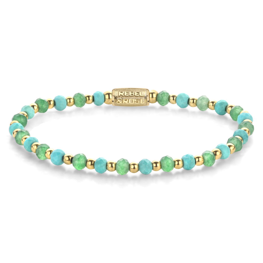 Kralenarmband voor dames met blauwe en groene stenen, afgewerkt met 18 ct geelgouden ionplating.