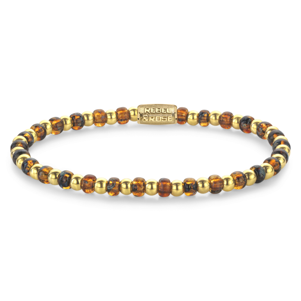 Kralenarmband voor dames met 4 mm mix van gouden en tijgeroog glazen kralen.