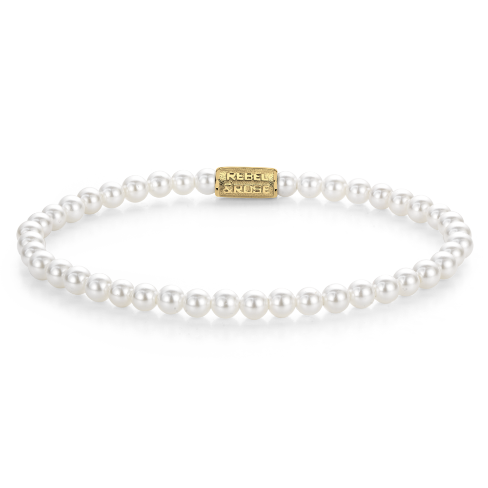 Kralenarmband voor dames met 4 mm witte parels en een gouden sluiting.