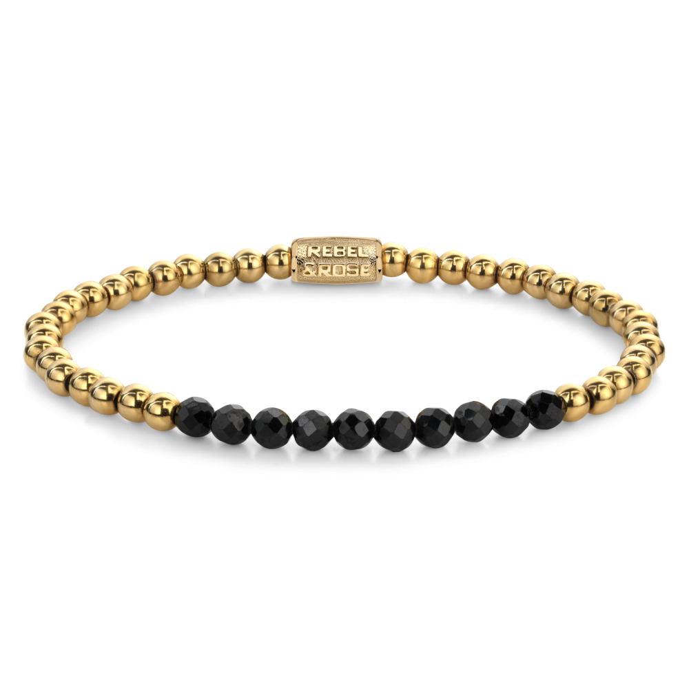 Kralenarmband voor dames met zwarte glaskralen en gouden metalen kralen, 4 mm breed.