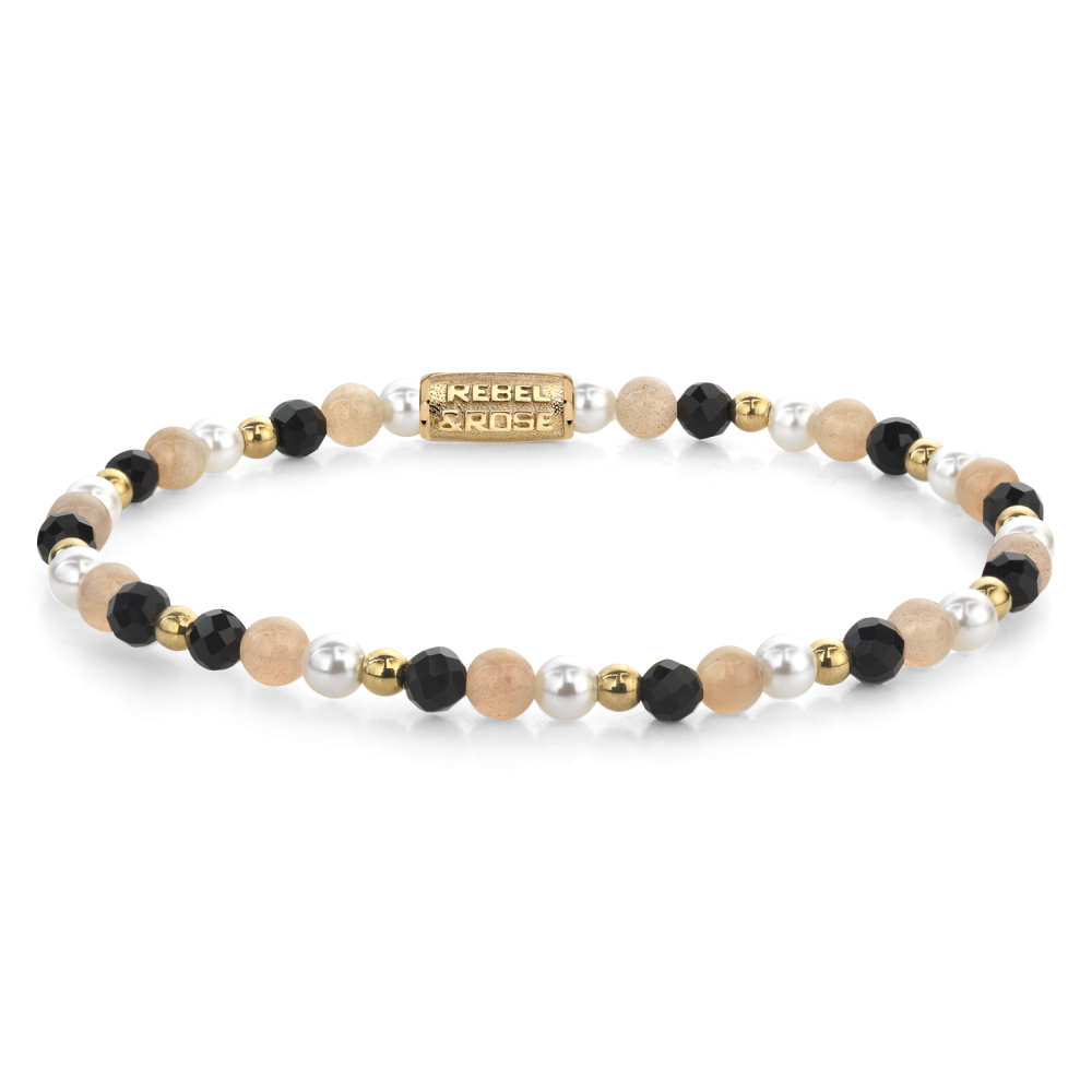 Kralenarmband voor dames met zwarte, witte en rosé gekleurde kralen, afgewerkt met gouden accenten.