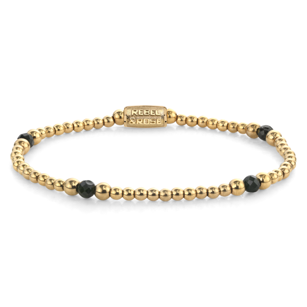 Gouden kralenarmband met zwarte steentjes, 4 mm, voor dames.