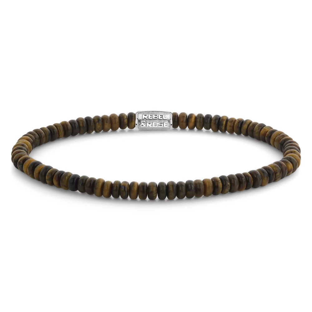 Ronde armband van tijgeroog met een zilveren sluiting en een schakeling van kleine, gekleurde schijven.