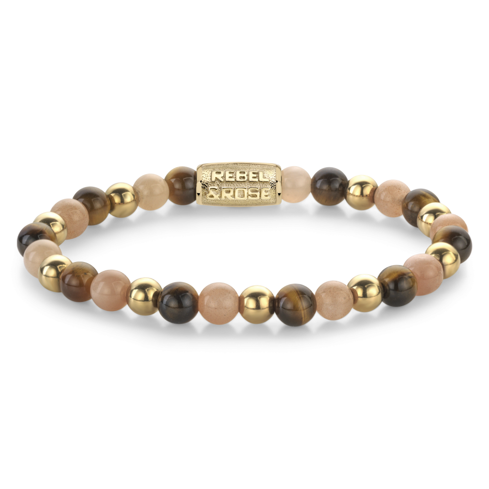 Kralenarmband voor dames met 6 mm gouden en natuurstenen kralen in warme tinten.