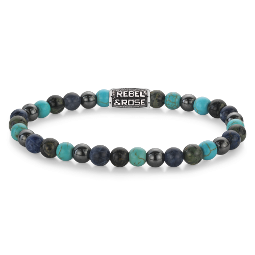 Kralen heren armband van 6 mm met turquoise, blauwe en grijze stenen, afgewerkt met een metalen tussenstuk.