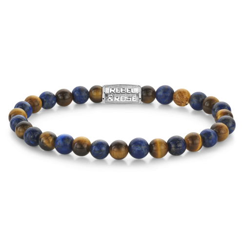 Herenarmband van 6mm kralen in mix van tijgeroog en lapis lazuli met metalen tussenstuk.