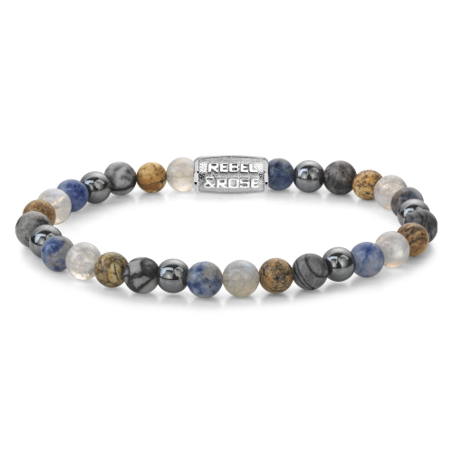 Heren kralenarmband van 6 mm met een mix van blauwe, grijze en gouden stenen, afgewerkt met een metalen tussenstuk.