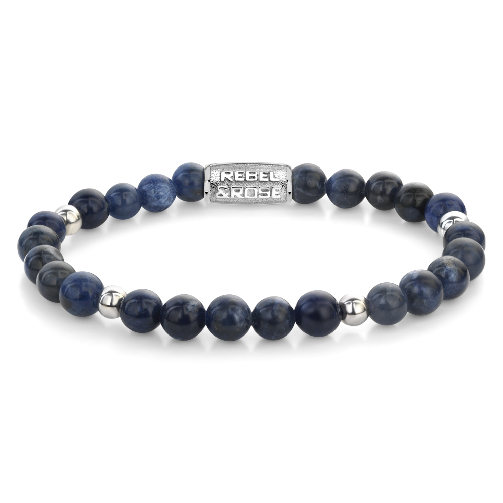 Kralenarmband voor dames van 6 mm met donkerblauwe en grijze stenen, afgewerkt met een zilveren sluiting.