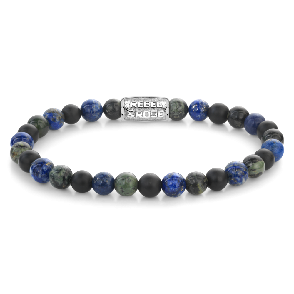 Heren kralenarmband van 6 mm met zwarte, blauwe en groene stenen en een metalen sluiting.