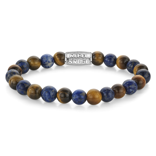 De Mix Tijger Lapis - 8mm Heren Kralen Armband van Rebel & Rose heeft afwisselend blauwe lapis en bruine tijgeroog kralen, afgewerkt met een kenmerkende gegraveerde zilveren sluiting - een elegante toevoeging aan elke herenarmbandencollectie.